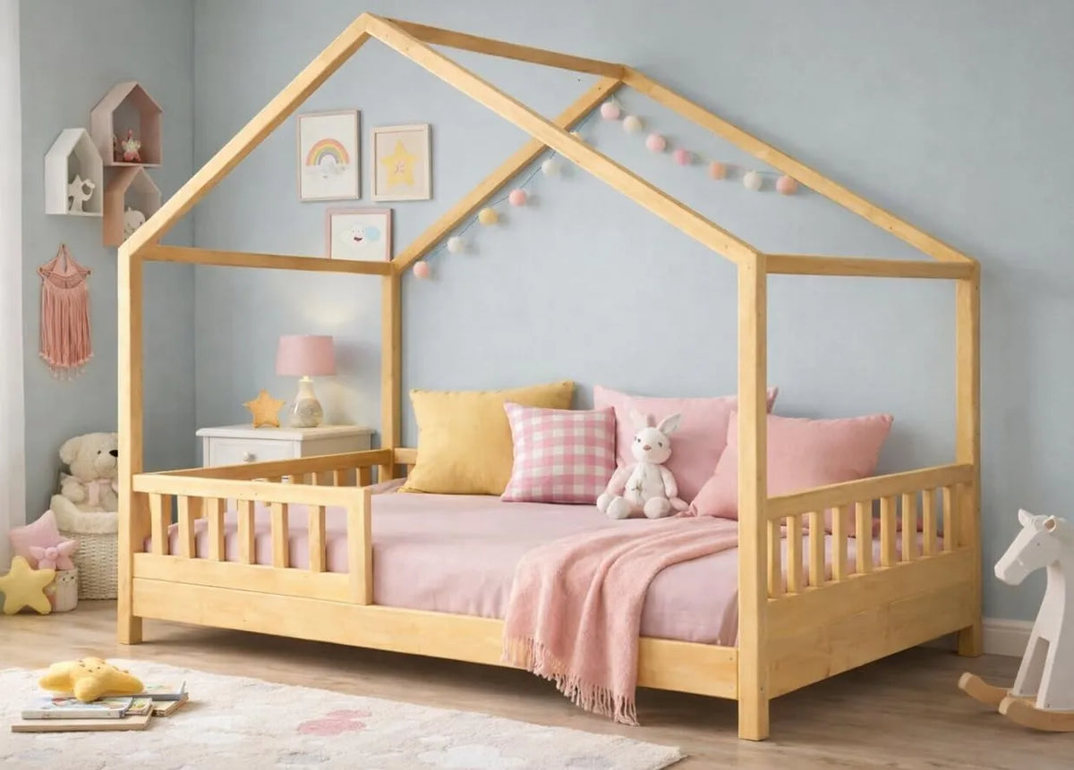 Lit Enfant en Bois Maison 90x190 avec Barrières de Sécurité et Sommier