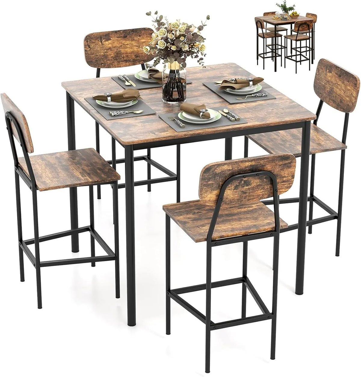 Ensemble Table et Chaises Industriel Compact pour Salle à Manger, Cadre Métal, Marron Rustique