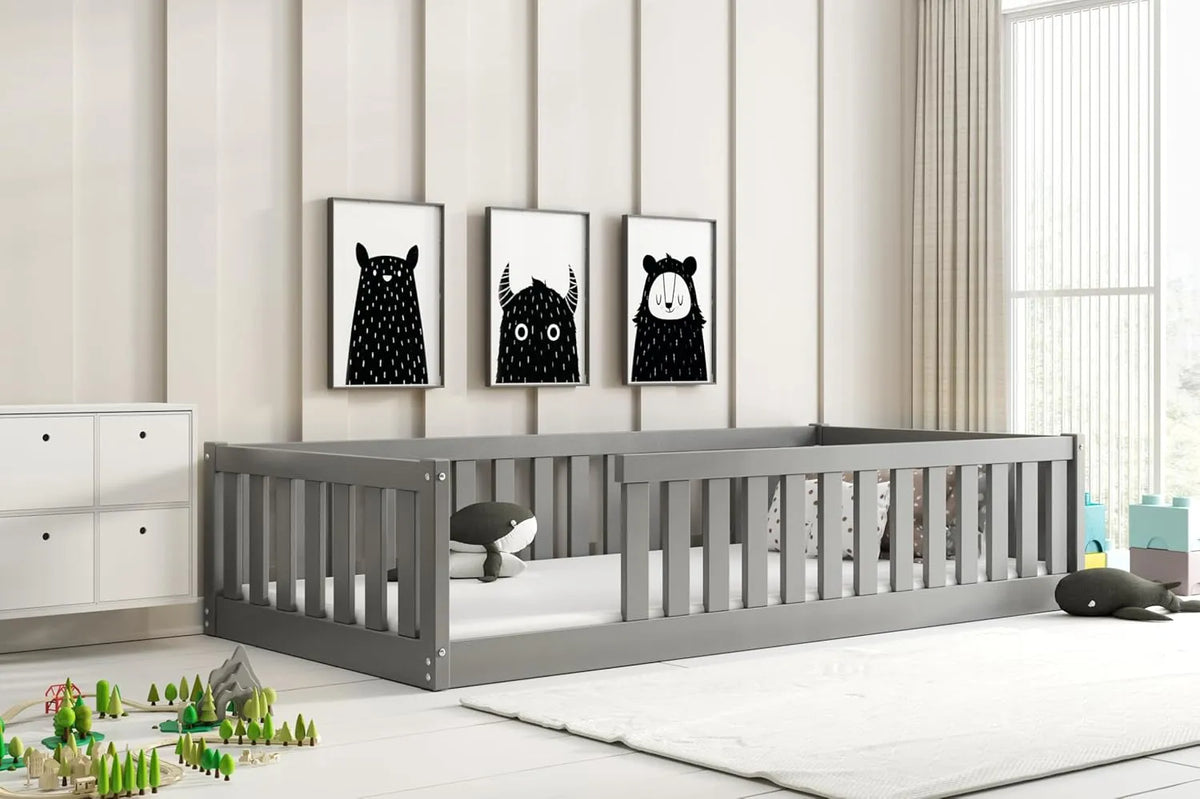 Lit enfant Montessori en bois massif gris avec barrière de sécurité, 90x190 cm