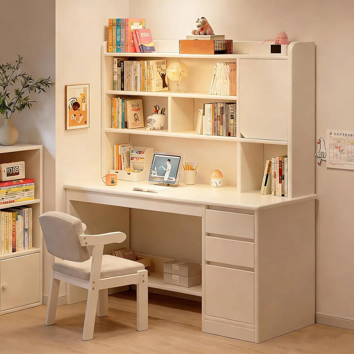 Bureau Moderne en Bois Blanc avec Étagères et Tiroirs, Idéal pour Étudiants, 120x45x165cm