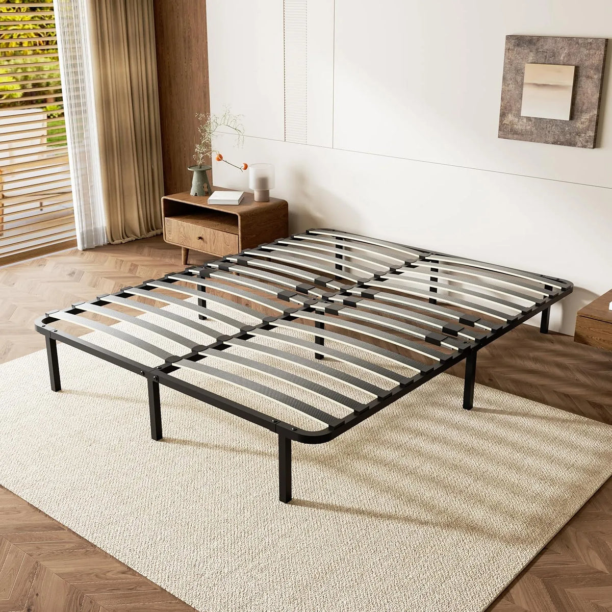Cadre de Lit 160x200 cm avec Sommier en Métal et Bois, Renfort Central Réglable, 9 Pieds Inclus