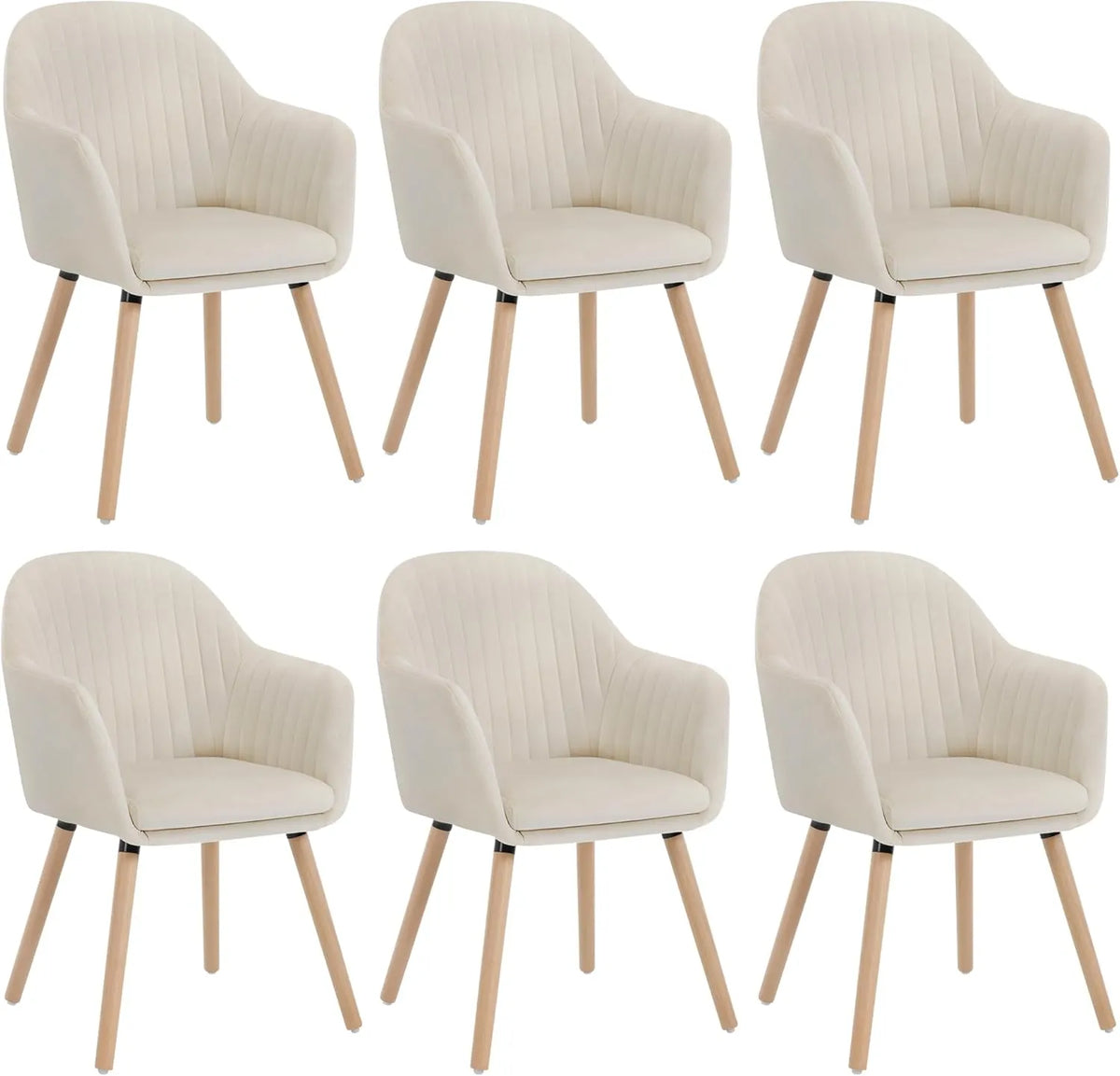 Lot de 6 Fauteuils en Velours avec Accoudoirs - Pieds en Bois Massif, Crème