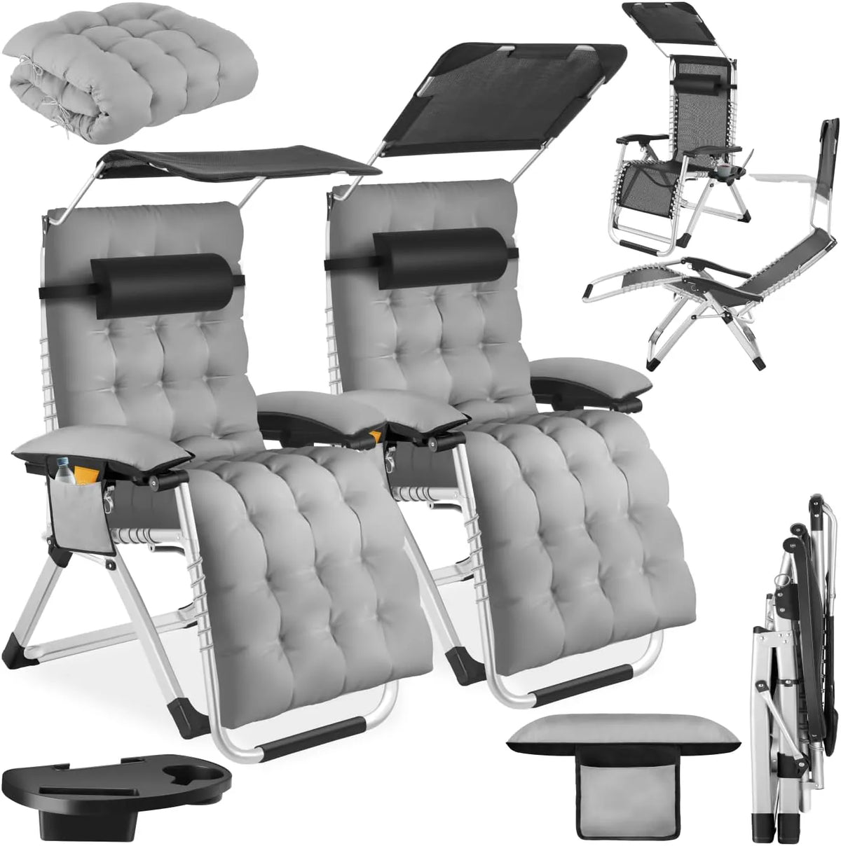 Ensemble de 2 Chaises Longues de Jardin Pliables avec Pare-Soleil et Coussin - TecTake