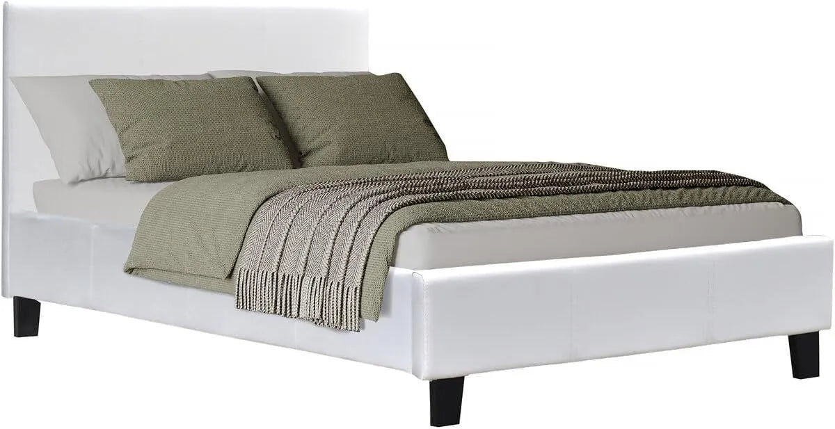 Lit Simple en Simili Cuir Blanc 90x190 cm avec Sommier et Tête de Lit