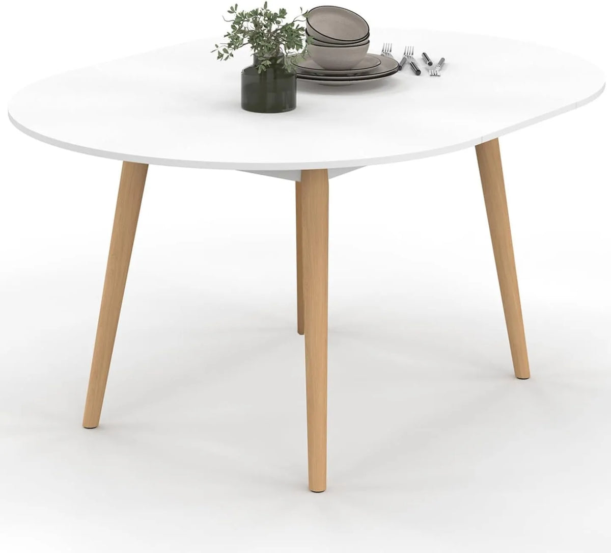 Table à Manger Ronde Extensible Angela, 4 à 8 Places, Blanc avec Pieds en Bois, 110-150 cm