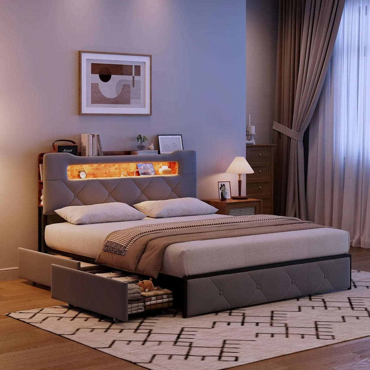 Lit double 160x200 cm avec tiroirs, charge USB et LED
