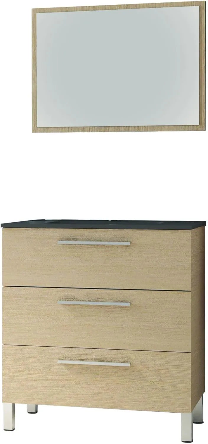 Ensemble de salle de bain PALLAS, vasque résine noire, chêne clair, miroir inclus, 80cm