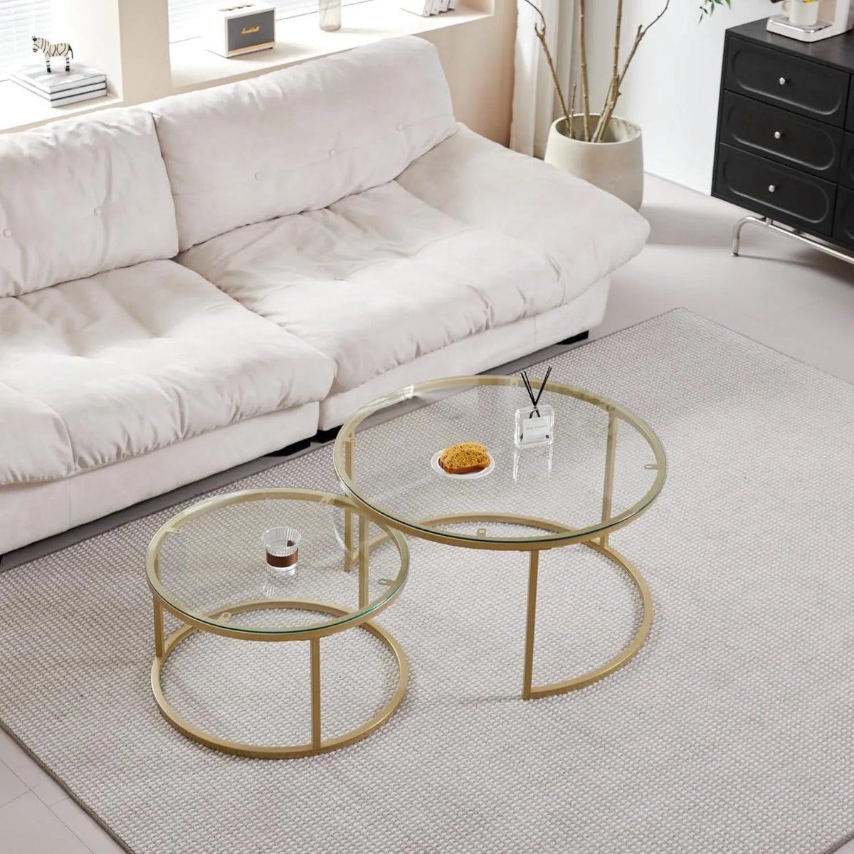 Ensemble de 2 Tables Basses Rondes Empilables en Verre Trempé et Métal Doré pour Salon et Salle à Manger