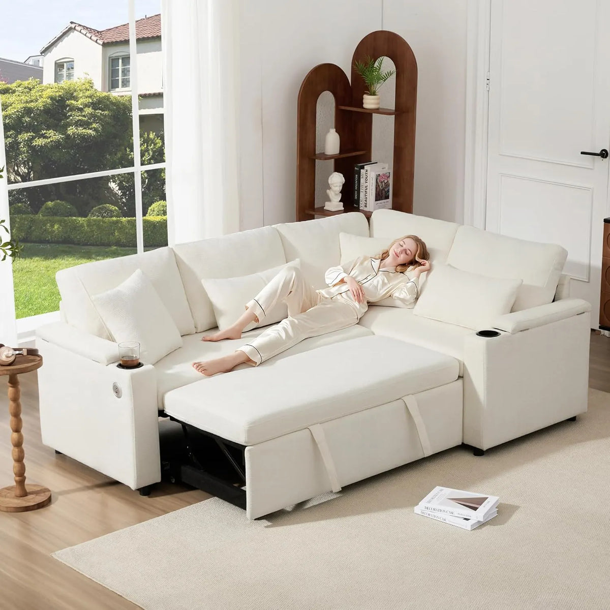 Canapé d'Angle Convertible avec Espace de Rangement et Ports USB, 3 Places, Moderne, Fonction Lit, 4 Coussins Inclus, Chenille Beige