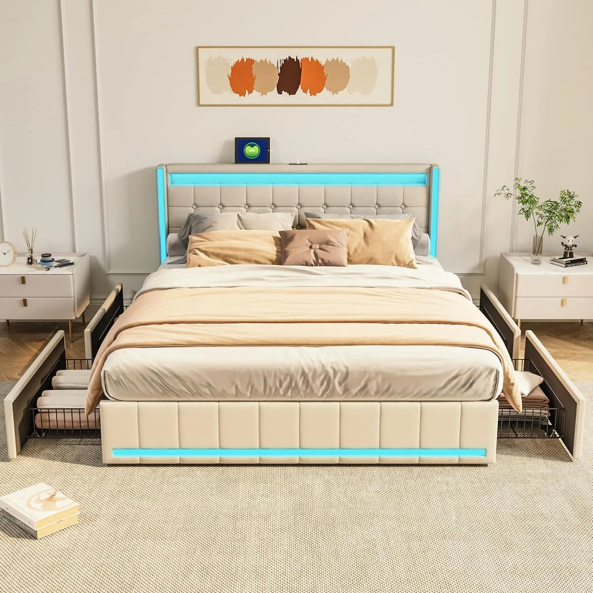 Lit double 140x200 cm avec rangements, station USB et éclairage LED, cadre avec sommier et tête de lit (beige-A)
