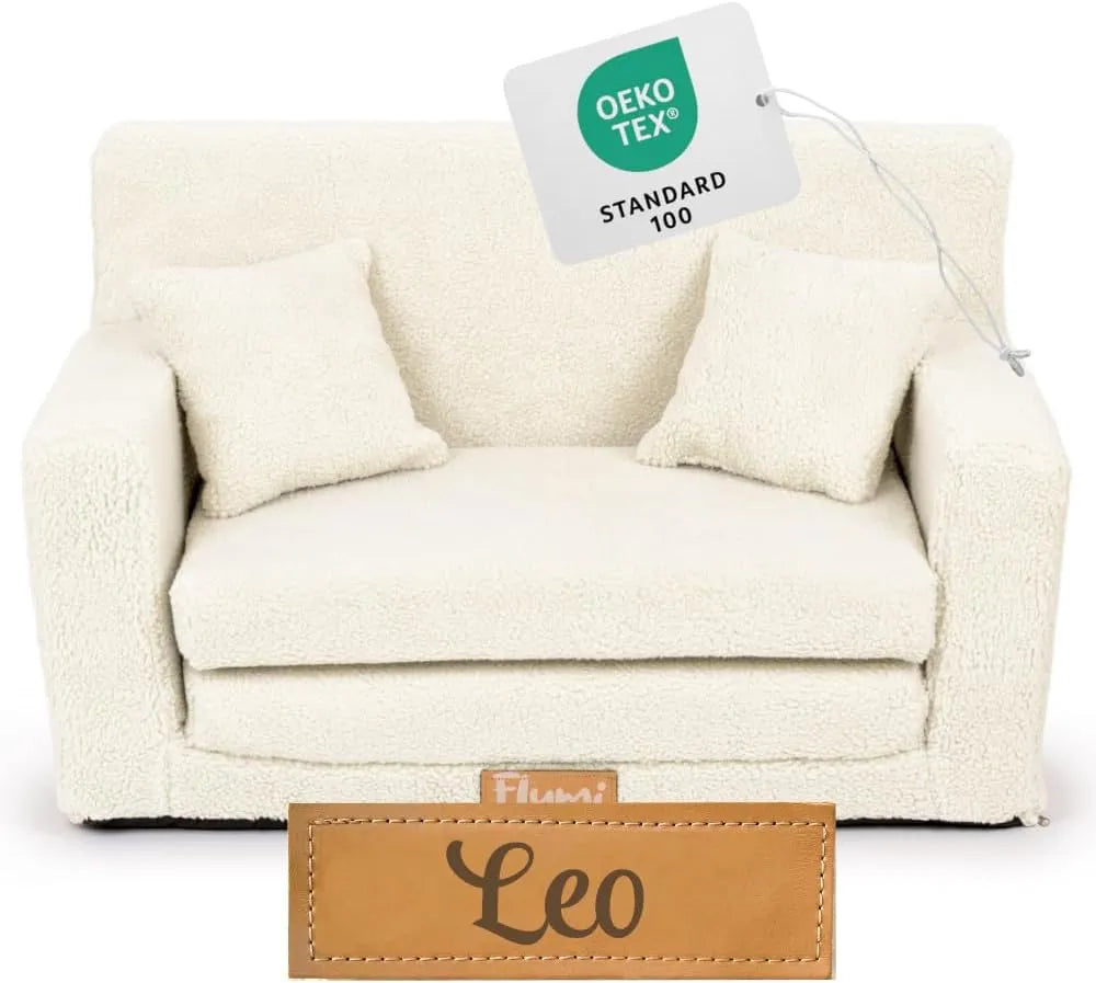 Canapé Enfant Convertible 3 en 1 Personnalisable avec Nom - Lit d'Ombre et Chauffeuse en Mousse, Couleur Boucle Beige Clair