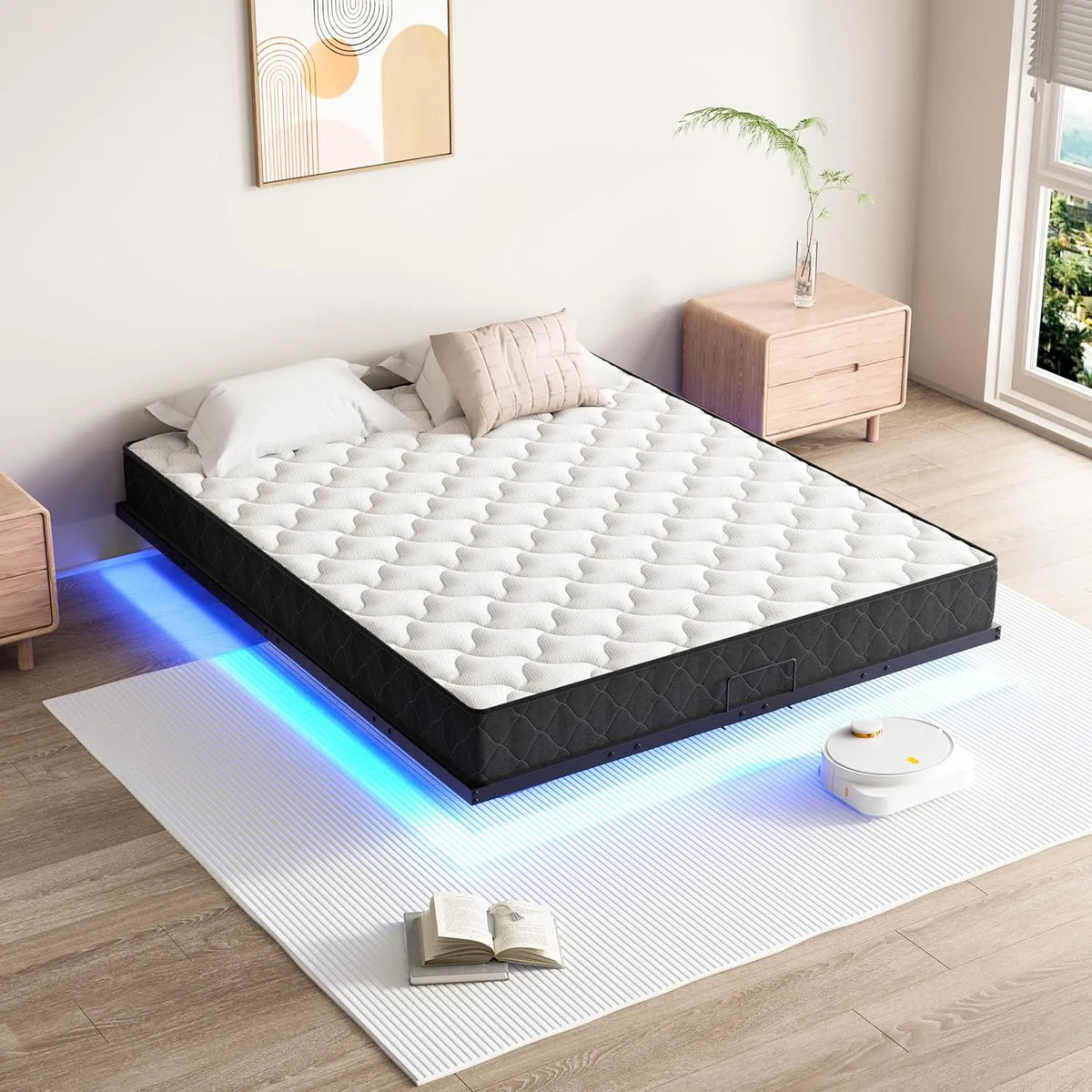 Lit Double 180x200 avec Sommier en Métal et Éclairage LED, Rangement de 20CM, Cadre Solide et Montage Facile, Couleur Noire - Matelas Non Inclus