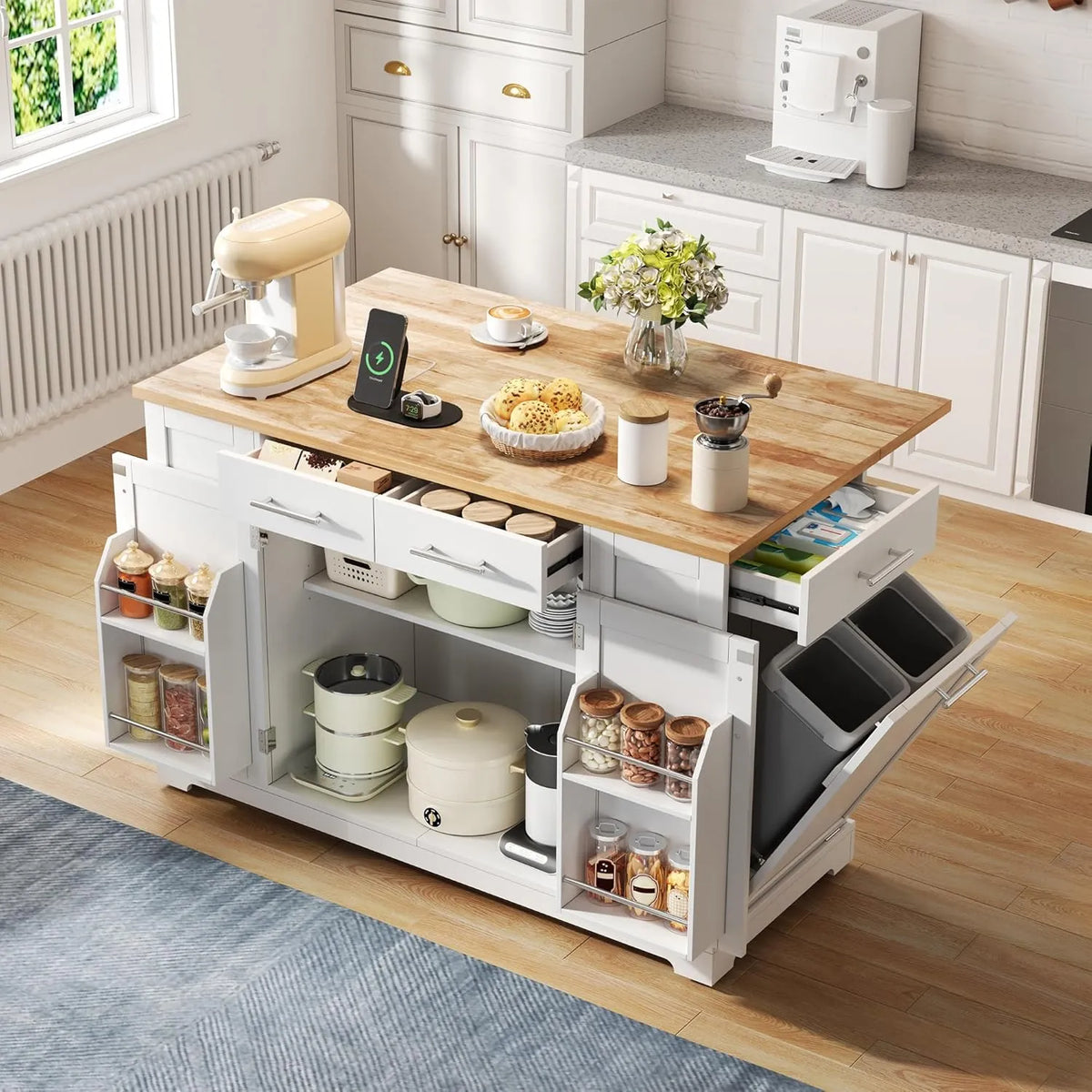 Chariot de Cuisine Mobile Merax avec Plan de Travail Pliable, 2 Portes et 4 Tiroirs, Espace Poubelle Extensible, Porte-Serviettes, Prise Européenne, 138x56-86x92 cm