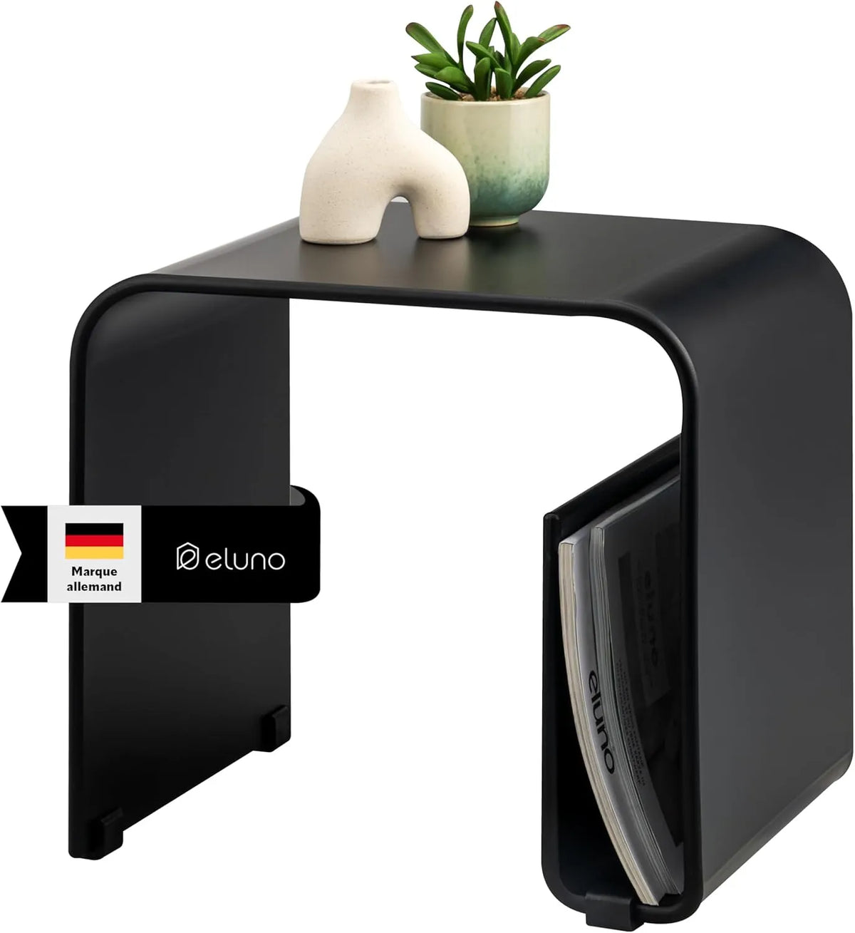 Table d'appoint en acrylique avec porte-revues intégré, design moderne pour salon et chambre, finition noire