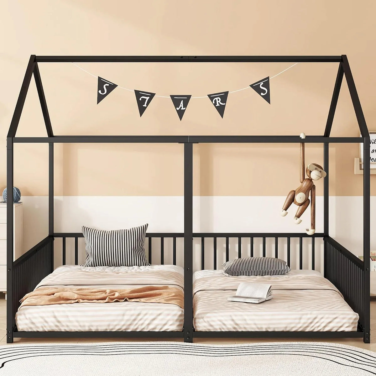Lit Enfant Métallique 90x200 cm avec Garde-Corps et Échelle, Design Maison Noir