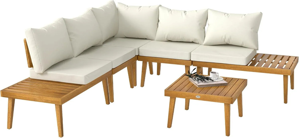Ensemble Salon de Jardin 5 Places en Bois d'Acacia avec Table Basse et Coussins Crème