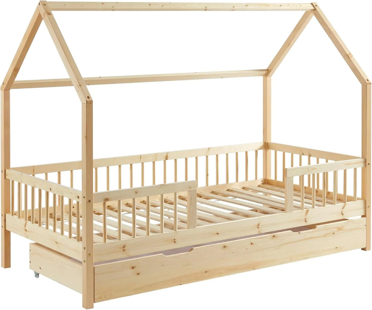 Lit Cabane Enfant en Pin Massif 90x190 cm avec Sommier et Tiroir