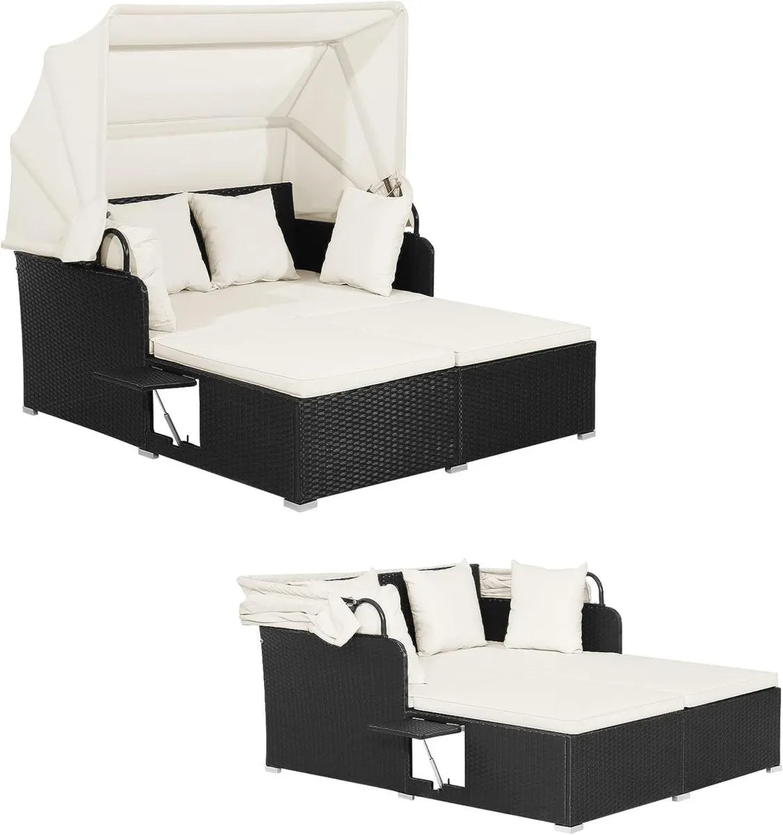 Canapé de Jardin en Rotin pour 2 Personnes avec Pare-Soleil et Tables