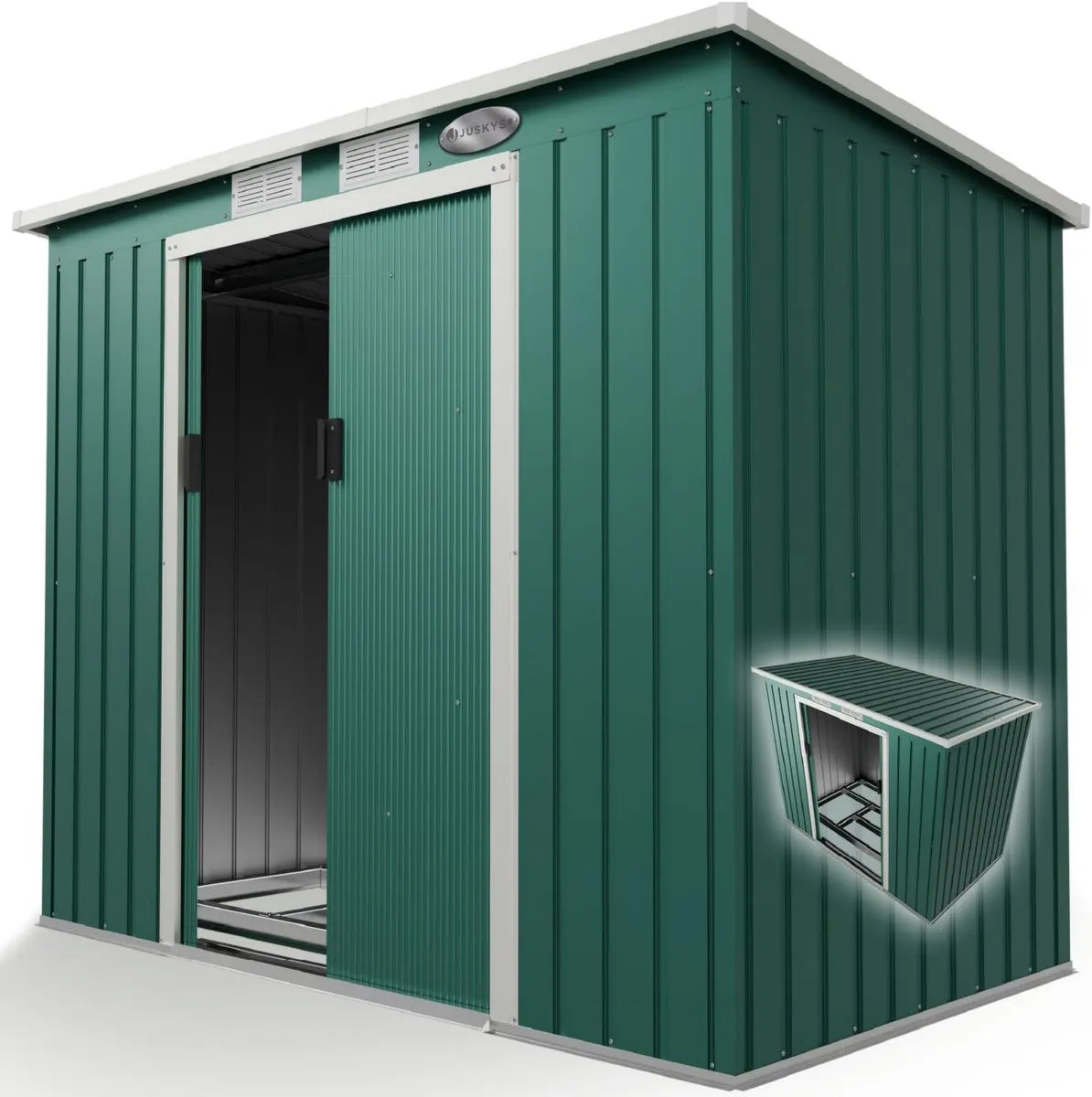 Abri de Jardin Métallique 4m³ avec Toit Incliné et Porte Coulissante, 213x130x173cm, Vert