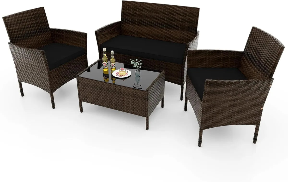 Set de Mobilier de Jardin en Rotin pour 4 Personnes avec Coussins Confortables, Canapé 2 Places, 2 Fauteuils et Table Basse en Verre, Meubles de Terrasse pour Patio et Balcon (Noir)