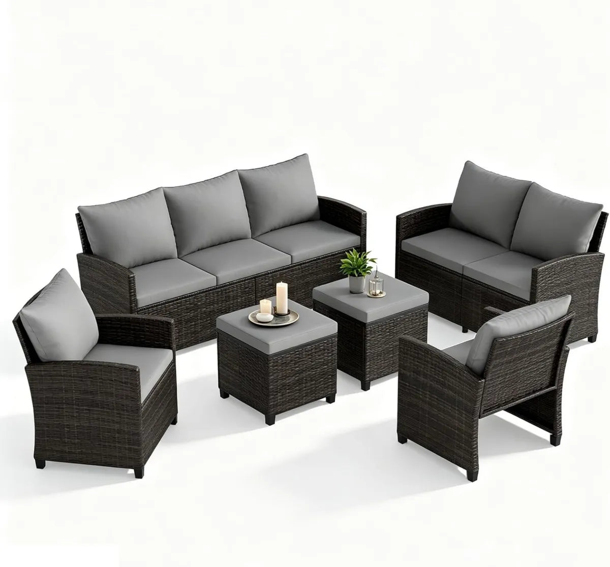 Ensemble de Salon de Jardin pour 6 Personnes en Résine Tressée avec Coussins Déhoussables - Gris