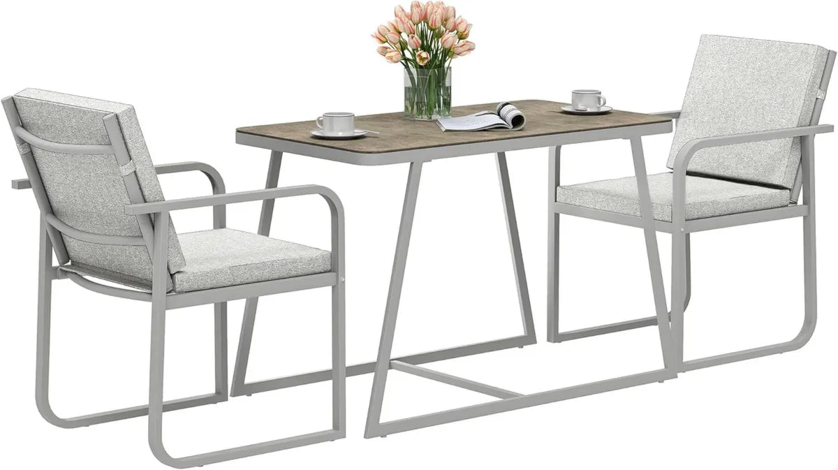 Ensemble de Jardin pour 2 Personnes avec Table et Chaises en Acier, Coussins Lavables, Gris