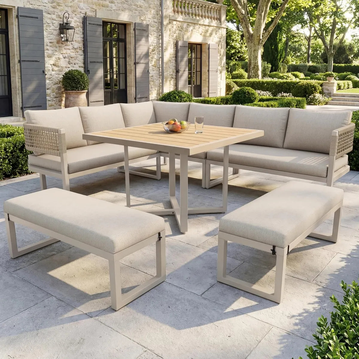 Ensemble de Jardin Extérieur 8 Places avec Canapé d'Angle, Table et Bancs, Coussins Inclus, Beige