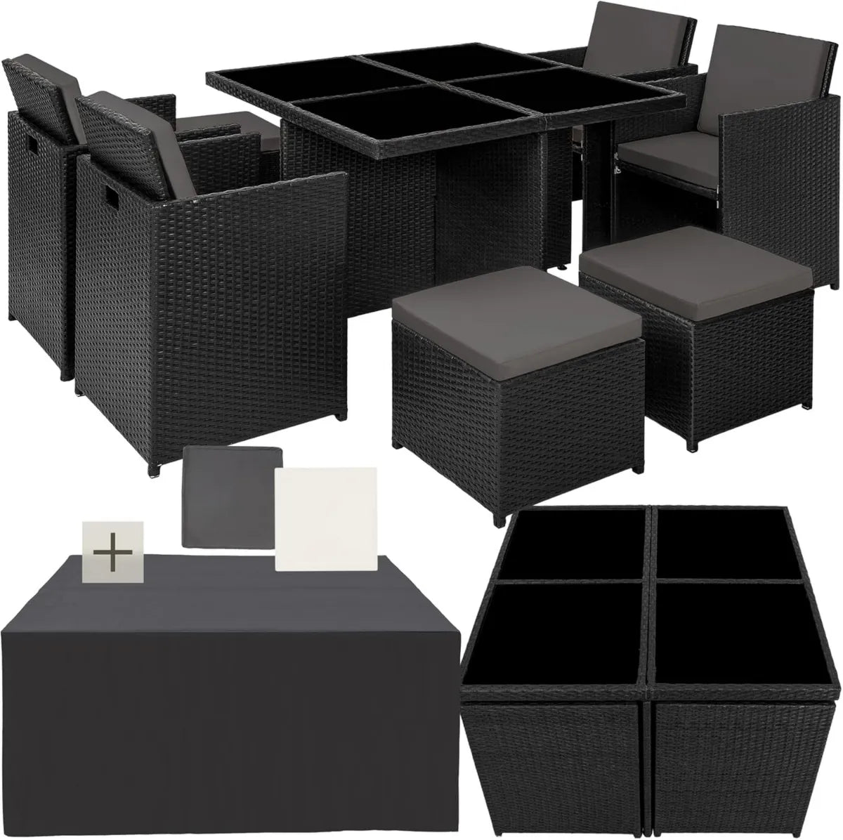 Ensemble Mobilier de Jardin 8 Places - Table, Chaises et Tabourets en Rotin Noir