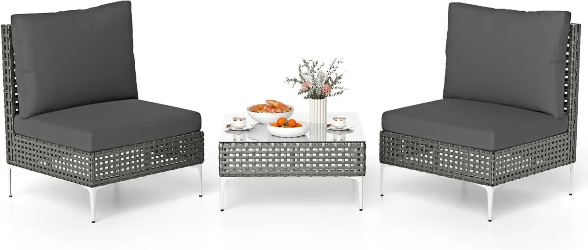 COSTWAY Salon de Jardin en Osier PE 3 Pièces, Capacité 180KG, 2 Fauteuils et Table Basse en Verre, Coussins Confortables pour Patio, Terrasse, Piscine