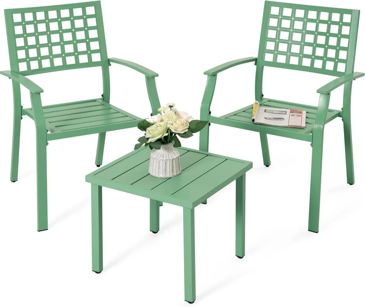 Ensemble de Jardin 3 Pièces en Métal Vert, 2 Chaises Empilables et Table Carrée, Mobilier d'Extérieur pour Terrasse et Balcon