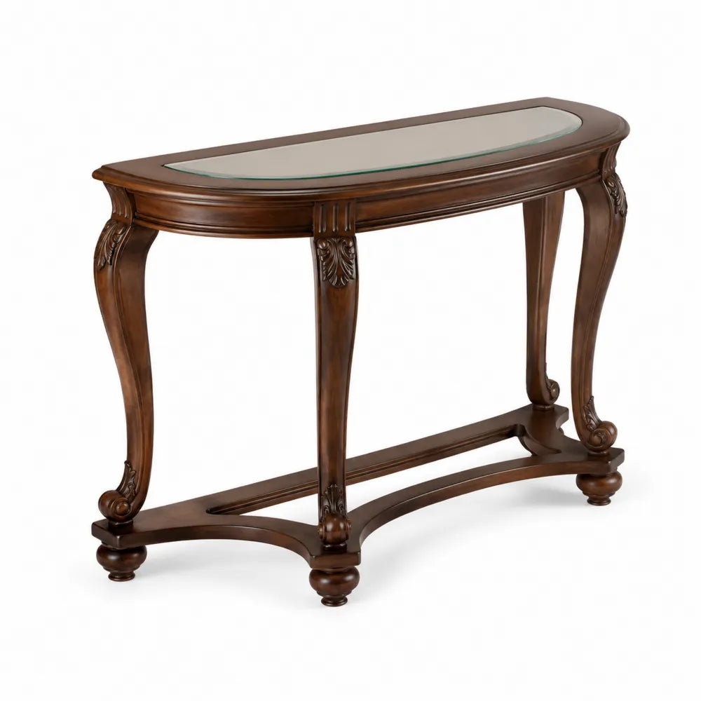 Console demi-lune en bois et verre trempé marron