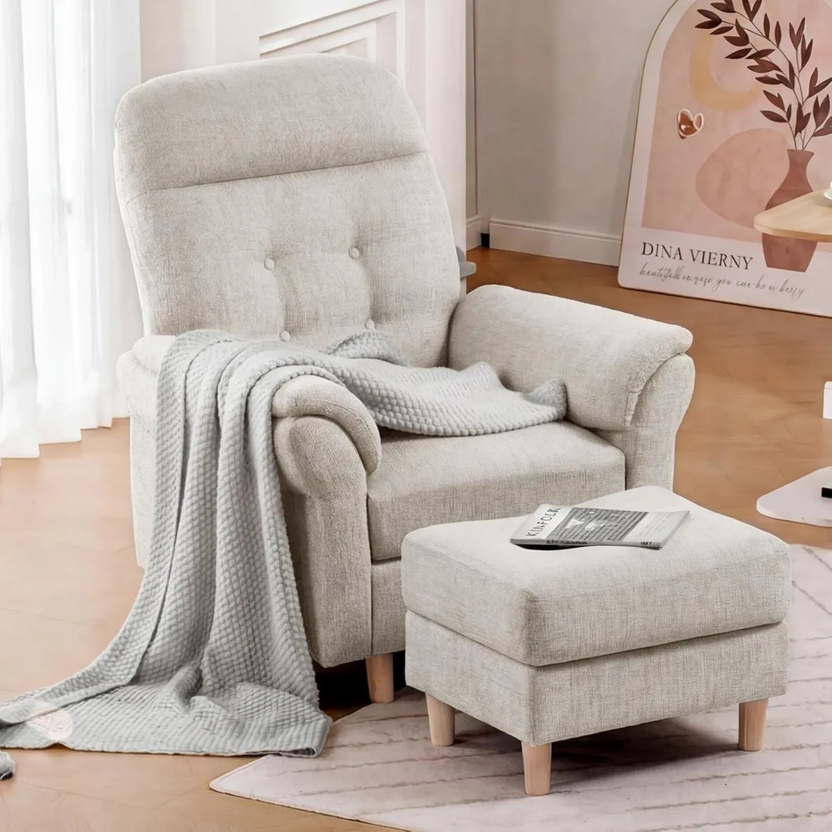 COMHOMA Fauteuil Inclinable avec Repose-pieds, Réglage Dossier 4 Positions, Poche Latérale, Style Moderne pour Salon et Chambre, Tissu Chenille Beige