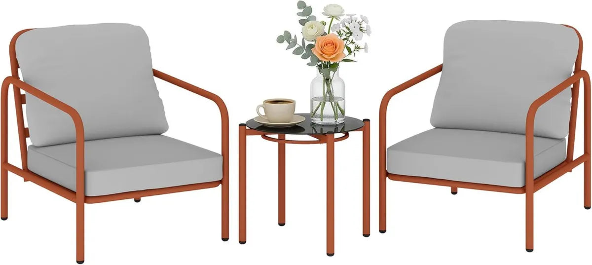 Ensemble de Jardin 3 Pièces Outsunny, 2 Fauteuils Confortables, Table Basse en Verre Trempé, Cadre en Acier, Idéal pour Balcon et Terrasse, Rouge Bordeau