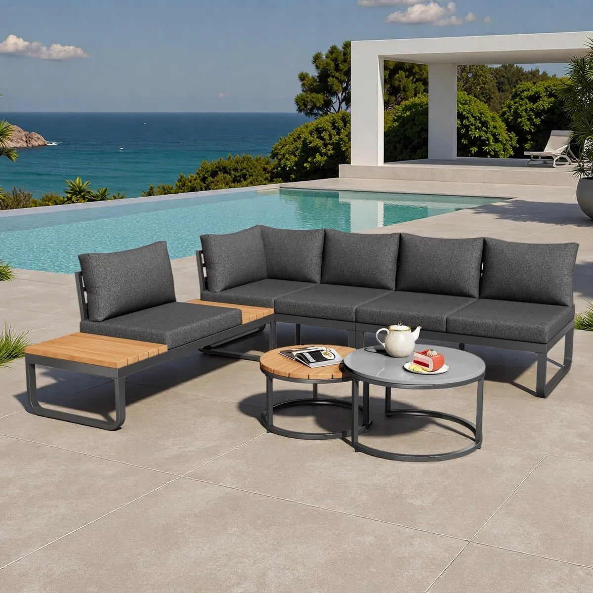 Ensemble de Salon de Jardin 4-5 Places avec Coussins Gris et Tables Empilables