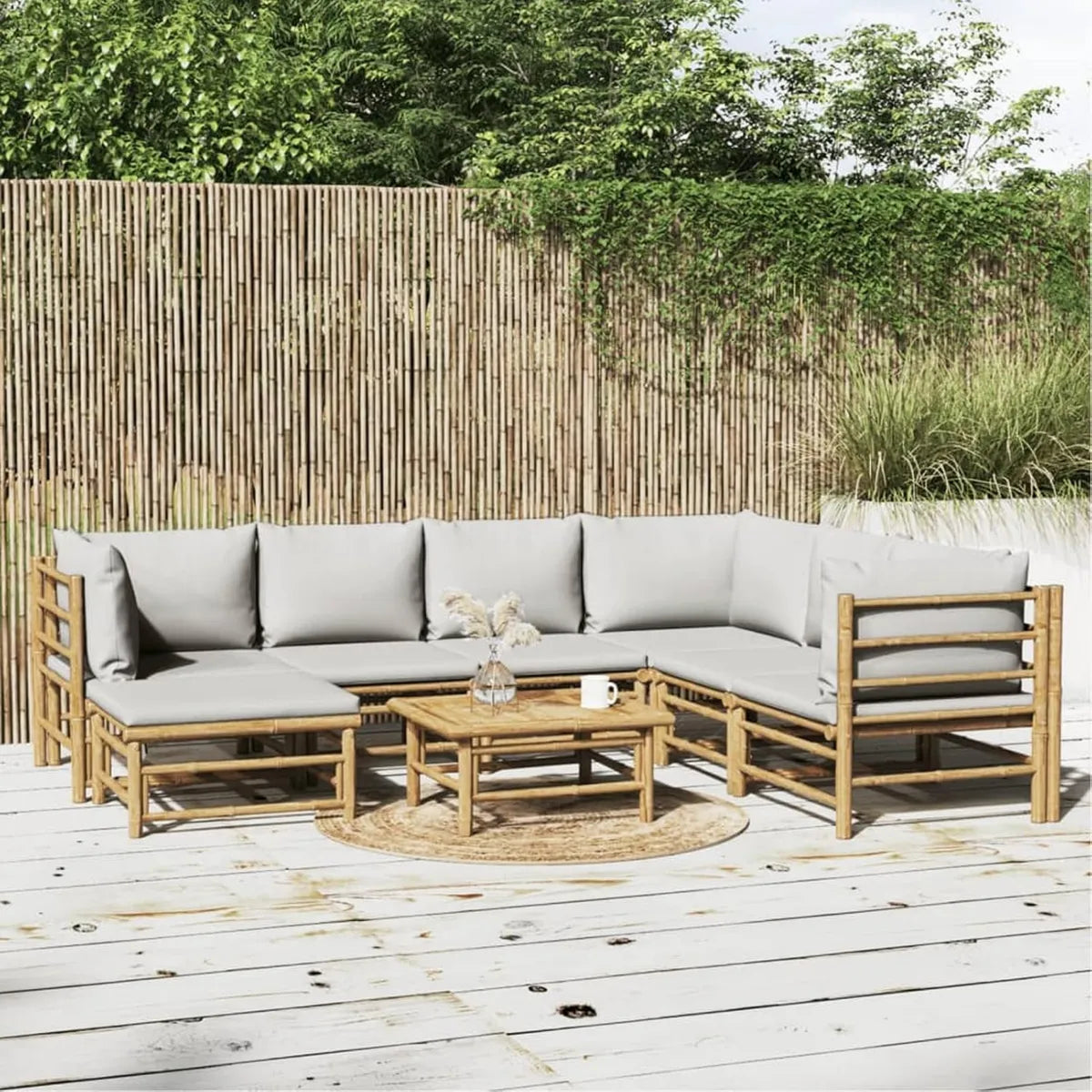 Ensemble de Salon de Jardin 8 pcs en Bambou avec Coussins Gris Clair