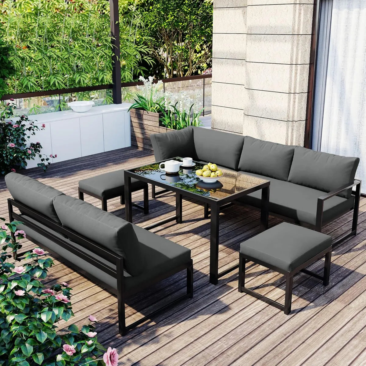 Ensemble Mobilier de Jardin en Aluminium - Dossier Réglable - Table avec Plateau en Verre