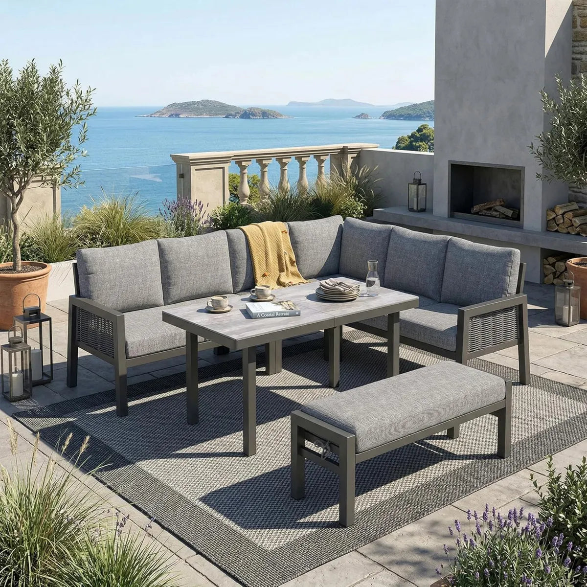 Ensemble de Salon de Jardin pour 8 Personnes, Canapé d'Angle, Salle à Manger et Bancs, Structure en Fer Galvanisé, Plateau en Verre, Corde en Maille PE Fait Main, Couleur Gris