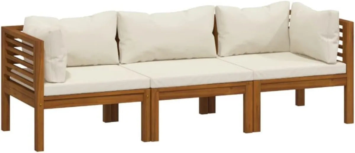 Canapé de Jardin 3 Places en Acacia avec Coussin Crème