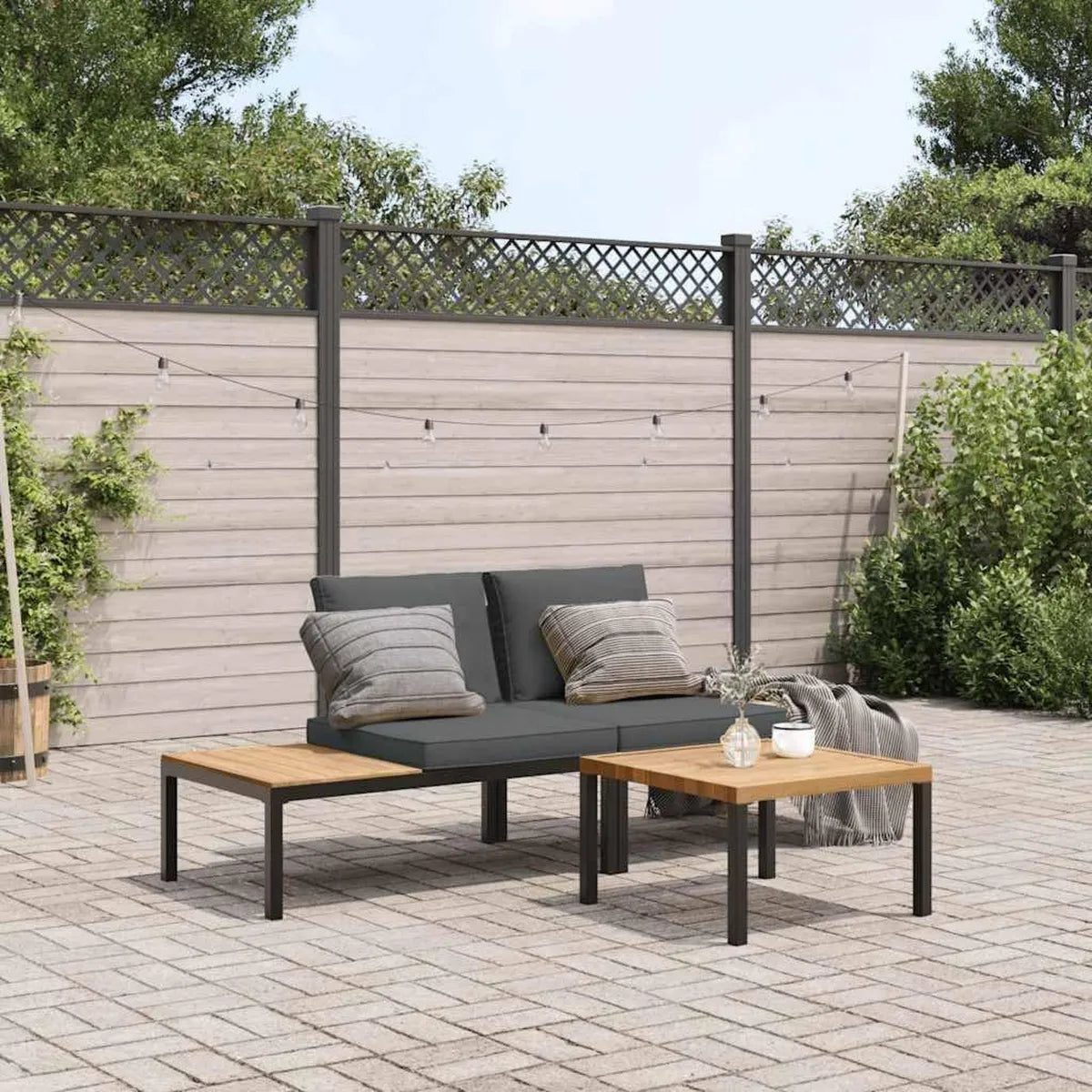 Salon de Jardin 3 Pièces en Aluminium Noir avec Coussins Résistants aux Intempéries