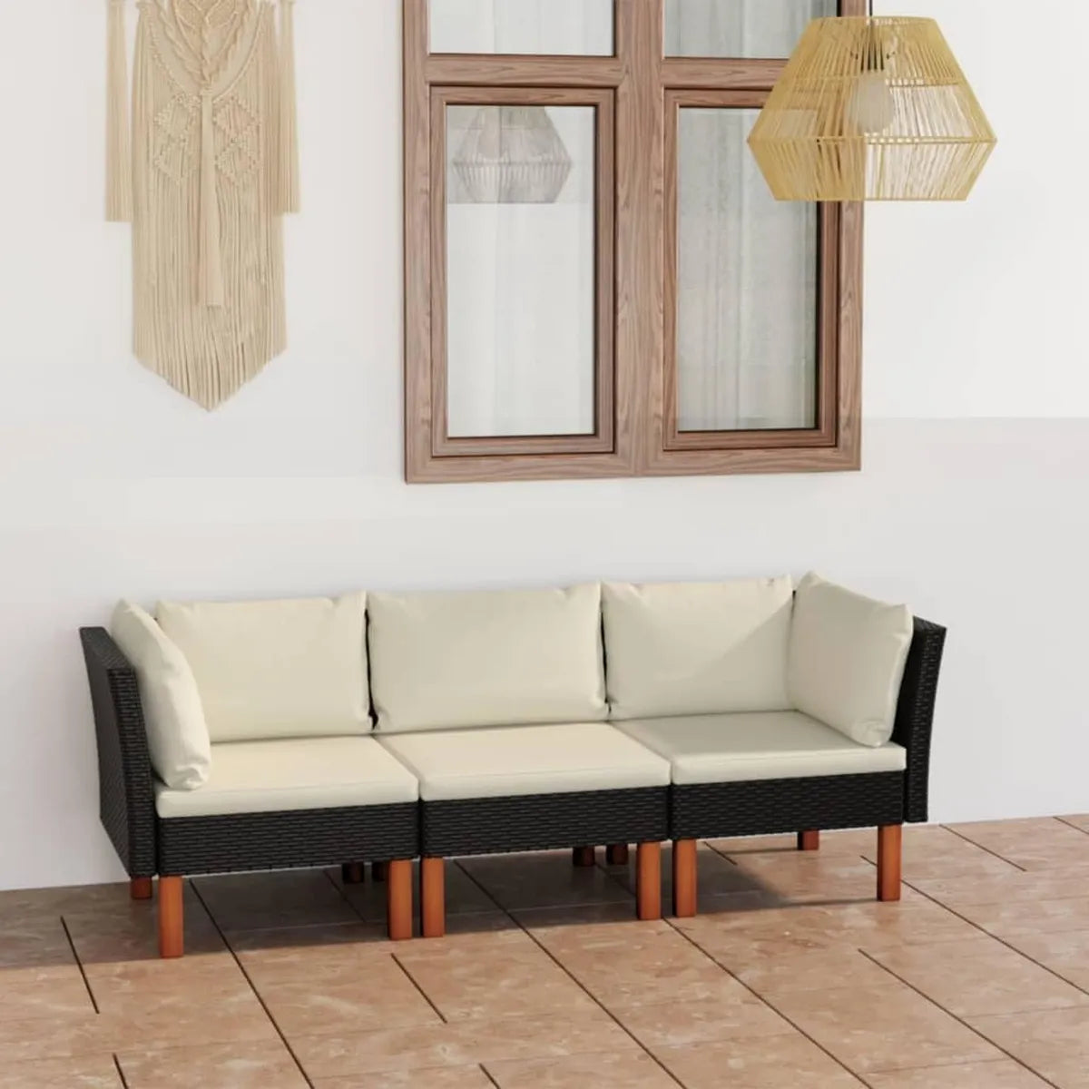 Sofa d'Extérieur 3 Places Résine Noire Coussins Crème, Structure Acier et Bois d'Eucalyptus, Mobilier de Jardin Léger pour Balcon et Terrasse