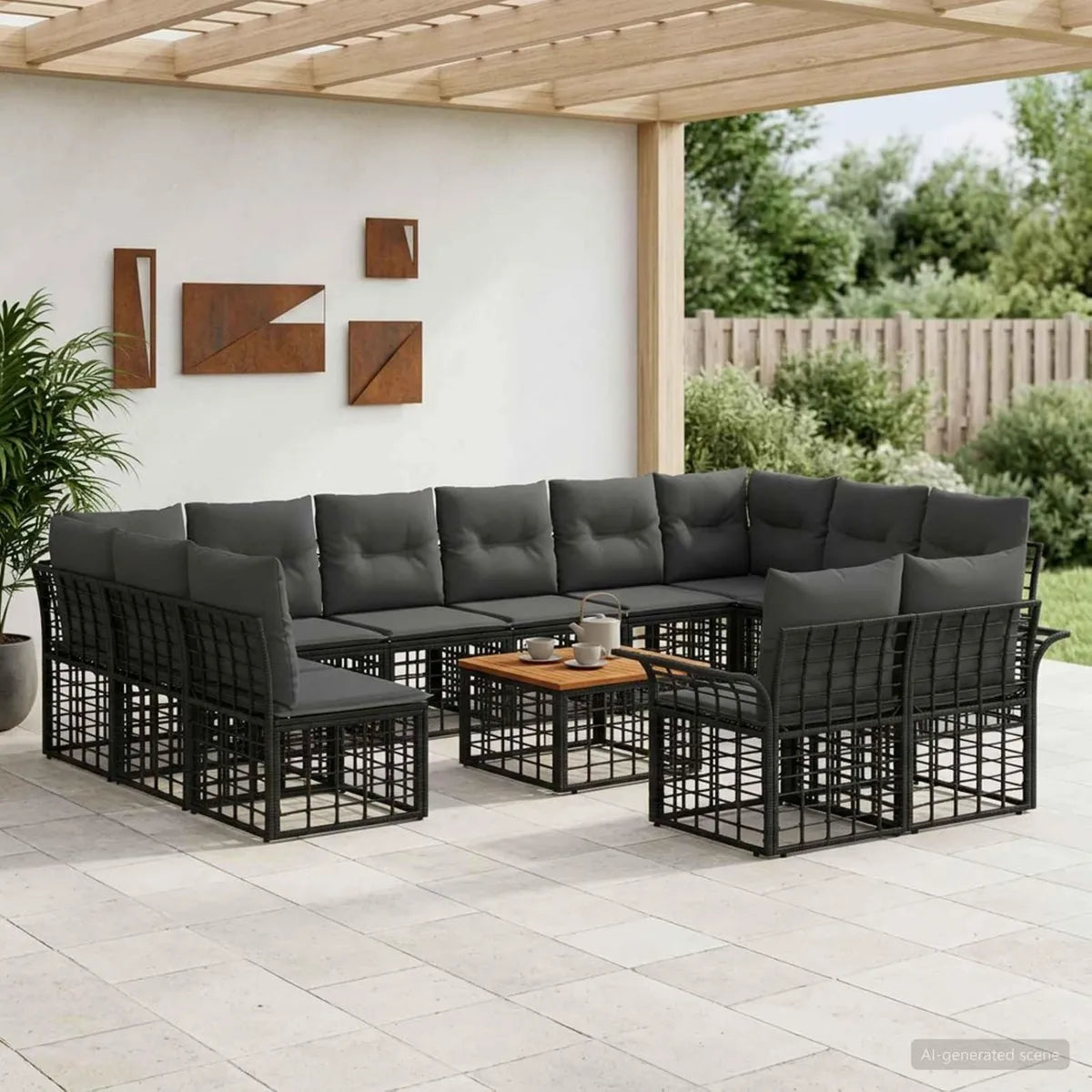 Ensemble de mobilier de jardin 13 pièces modulable noir et gris foncé avec coussins en polyester et table basse en acacia pour terrasse et patio