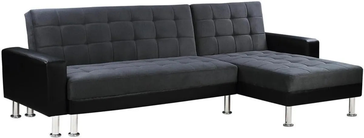 Grand Canapé d'Angle Réversible Convertible 4 Places en Tissu Noir et Gris
