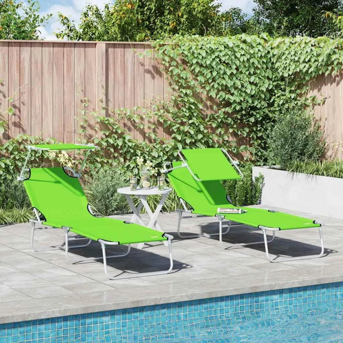 Duo de chaises longues en polyrotin vert avec dossier réglable - 58x188x77 cm - Pliables pour jardin et terrasse