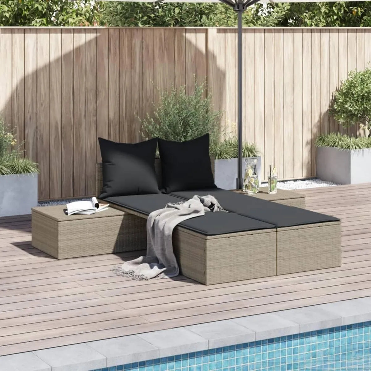Lit de jardin double en rotin synthétique, résistant aux UV, coussin lavable, 110 kg capacité, idéal pour extérieur