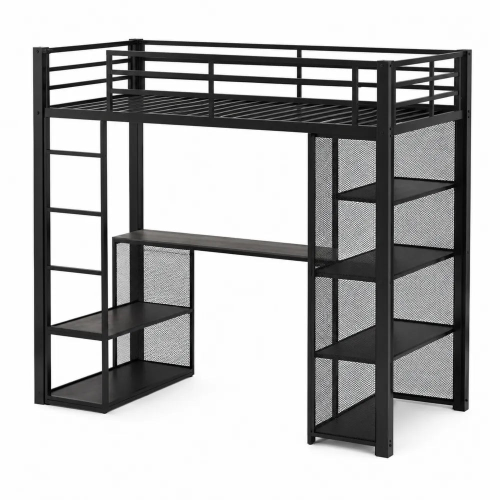Cadre de lit mezzanine en métal noir avec bureau et étagères