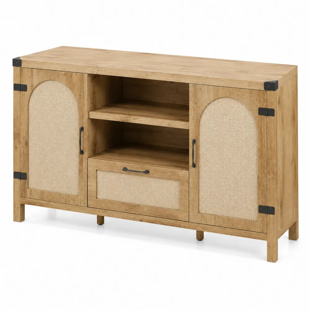 Buffet en bois avec portes en rotin, 120x40x80 cm, Chêne