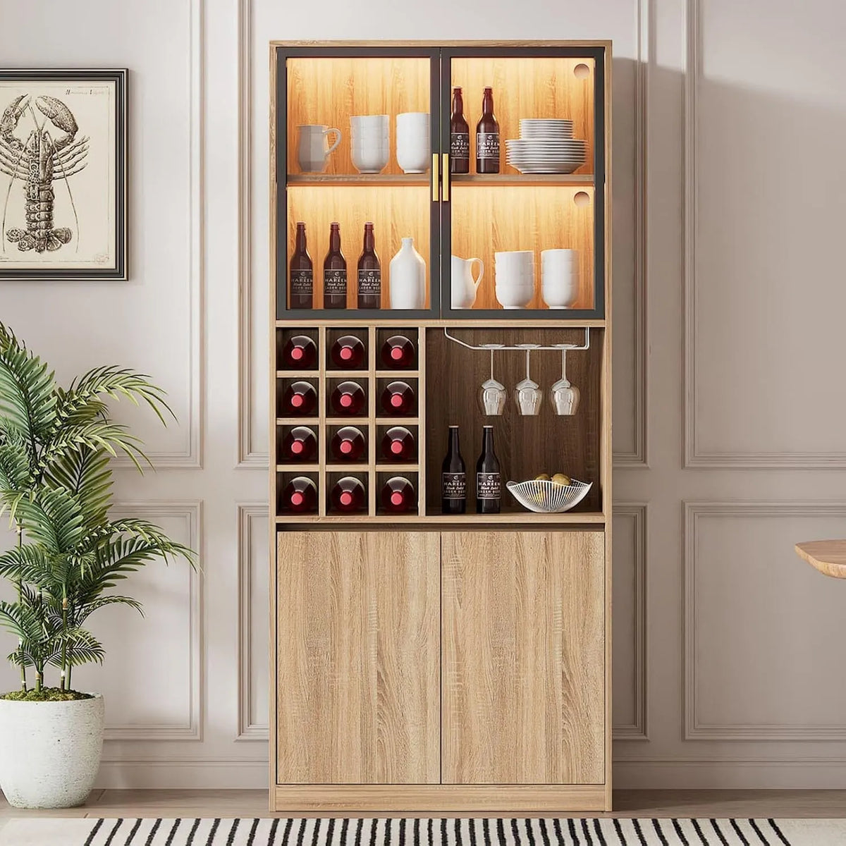 Vitrine et armoire d'exposition – MDF, en verre, en bois, avec rangement, affichage LED, 4 Portes, 80 × 40 × 180cm