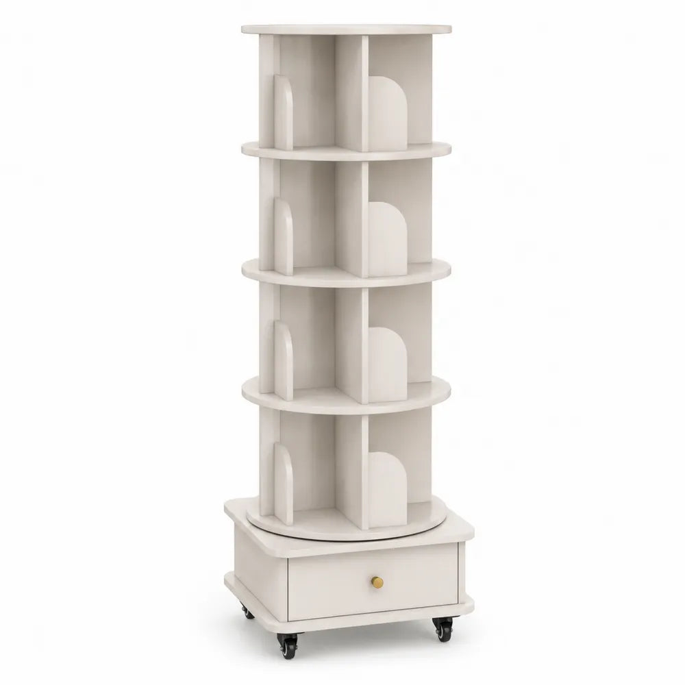 Étagère Rotative en Bois avec Tiroir et Roulettes 155 cm Crème