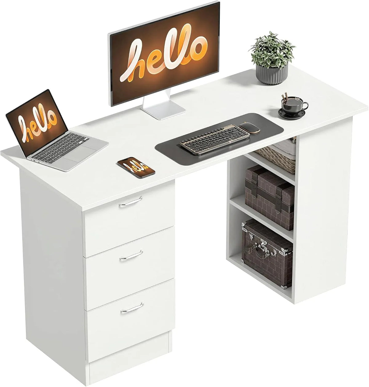 HOMCOM Bureau — avec rangement, avec tiroirs, avec Bibliothèque et étagère de rangements, 120 × 50 cm, blanc, avec étagères