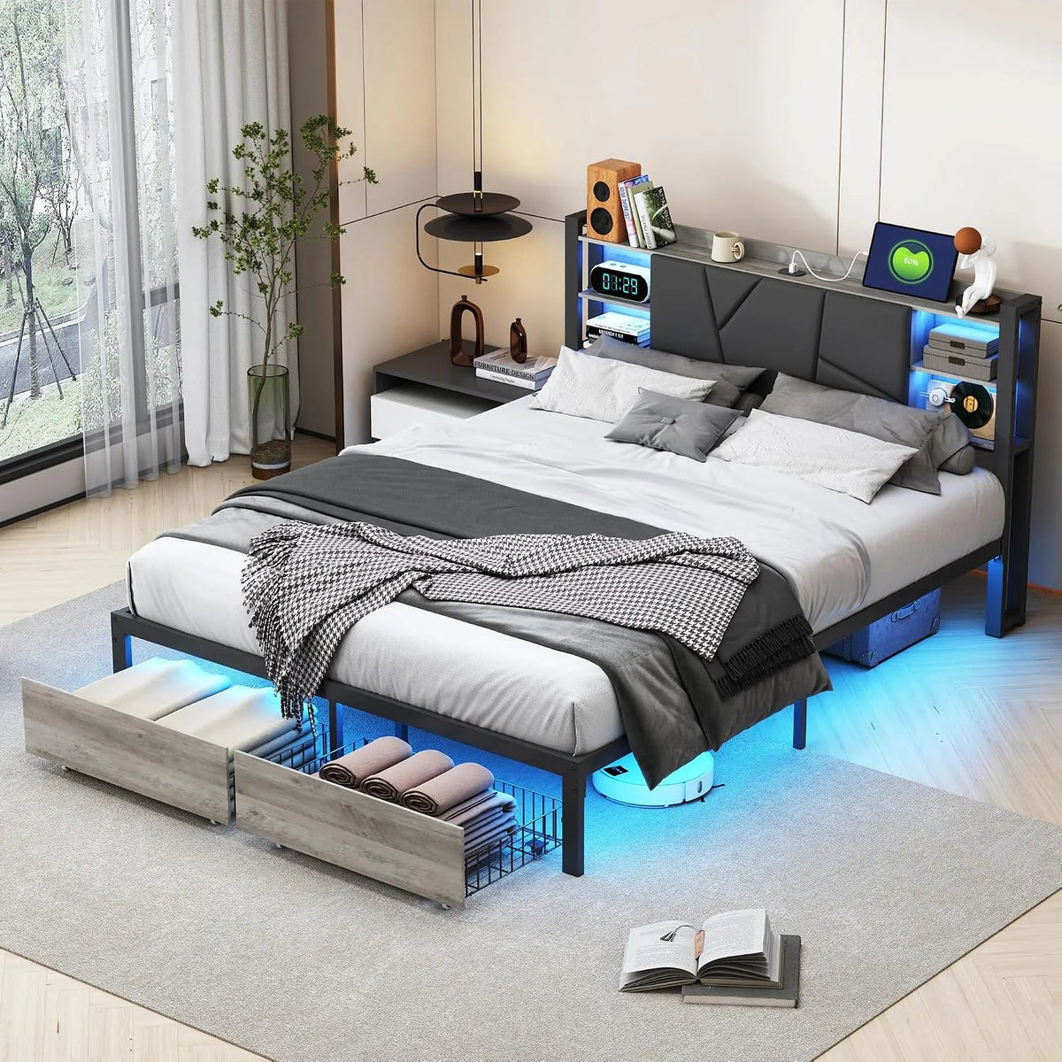 Lit Double 160 x 200 cm avec tête de lit — en métal, avec rangement, avec tiroirs, avec port USB, 2 tiroirs, 160 × 200 cm, 160 × 200cm